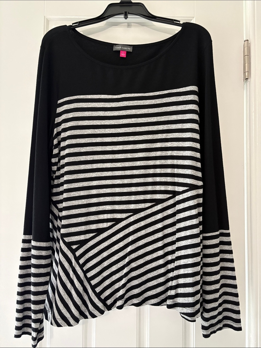 Vince Camuto Black and Gray Diagonal Stripe Long-Sleeve Top